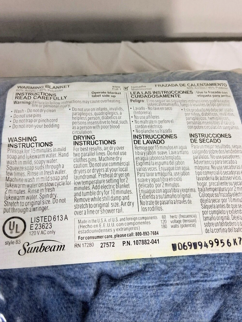 Sunbeam Full Size Heated EasySet Control/ThermoFine System 10 Settings Blanket